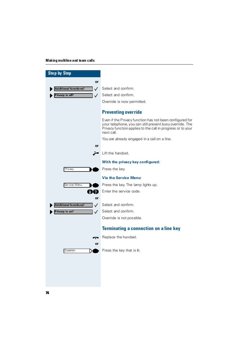 Preventing override, With the privacy key configured, Via the service menu | Terminating a connection on a line key | Siemens Hicom 300 E User Manual | Page 76 / 106