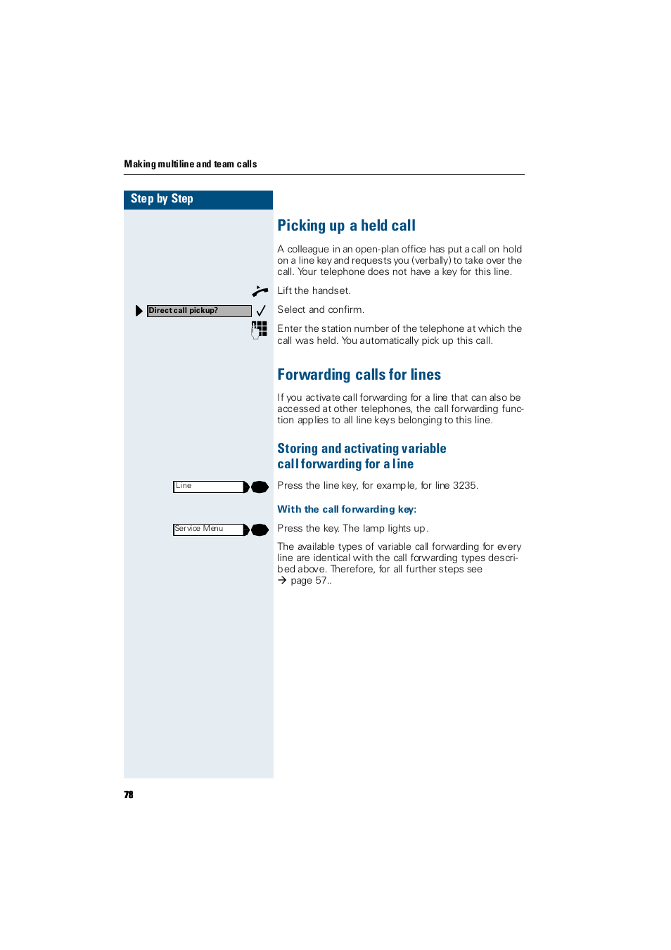 Picking up a held call, Forwarding calls for lines, With the call forwarding key | Picking up a held call forwarding calls for lines | Siemens Hicom 300 E User Manual | Page 78 / 106