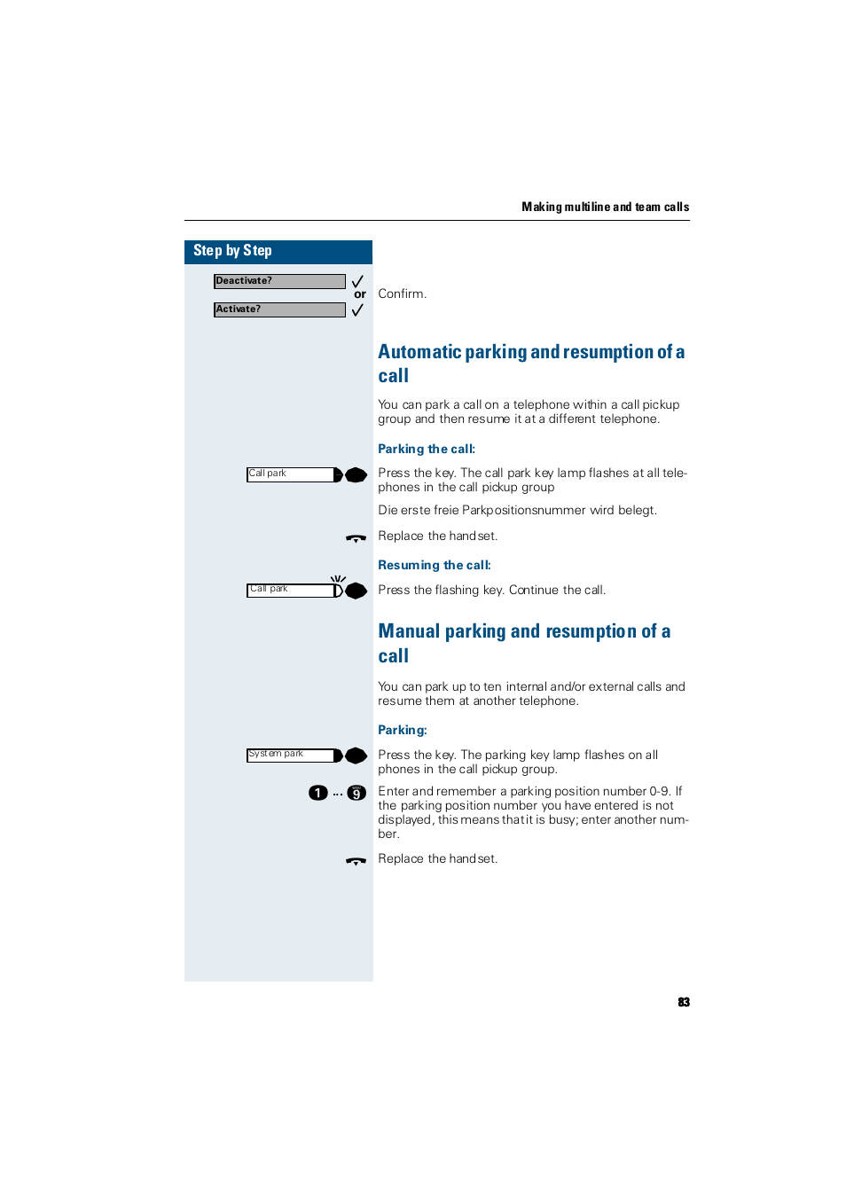 Automatic parking and resumption of a call, Parking the call, Resuming the call | Manual parking and resumption of a call, Parking | Siemens Hicom 300 E User Manual | Page 83 / 106