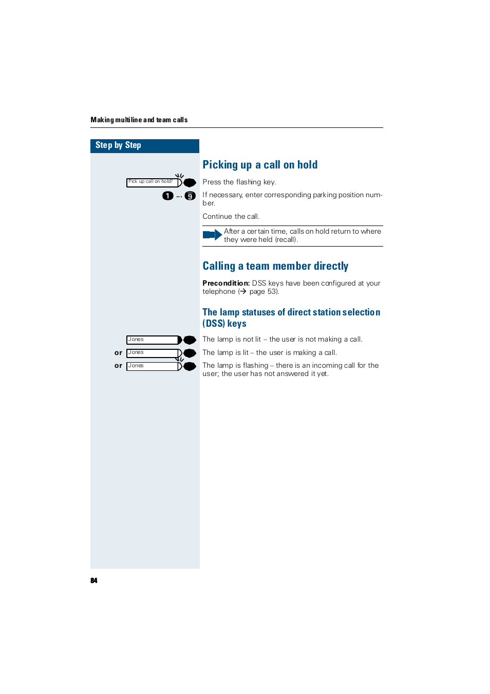 Picking up a call on hold, Calling a team member directly | Siemens Hicom 300 E User Manual | Page 84 / 106