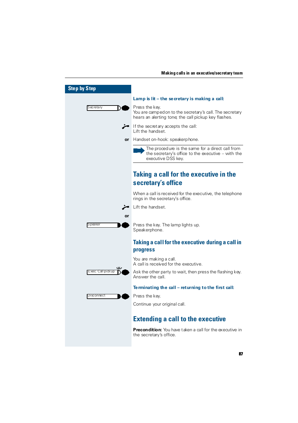 Lamp is lit – the secretary is making a call, Terminating the call – returning to the first call, Extending a call to the executive | Siemens Hicom 300 E User Manual | Page 87 / 106