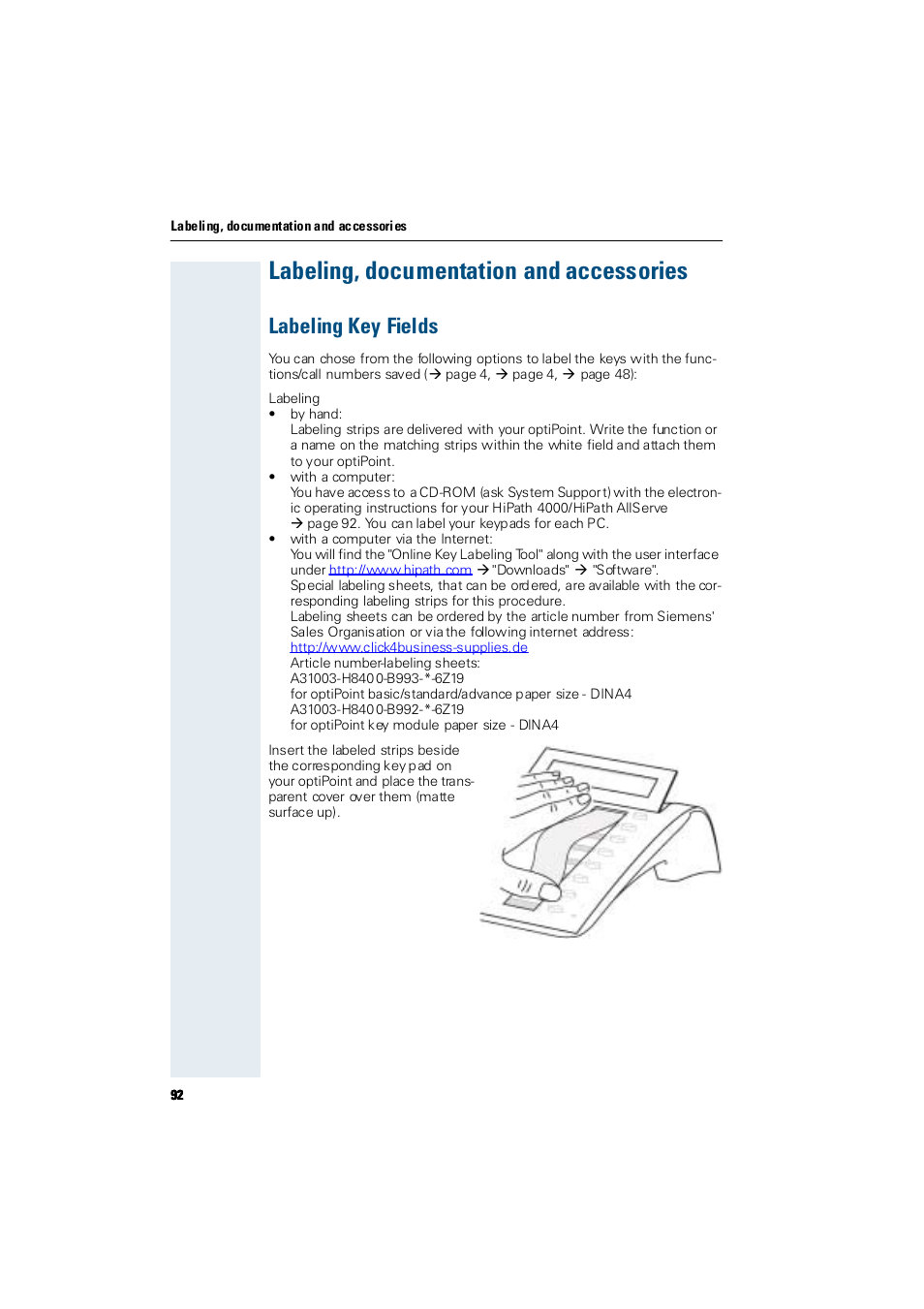 Labeling, documentation and accessories, Labeling key fields, Them | Siemens Hicom 300 E User Manual | Page 92 / 106