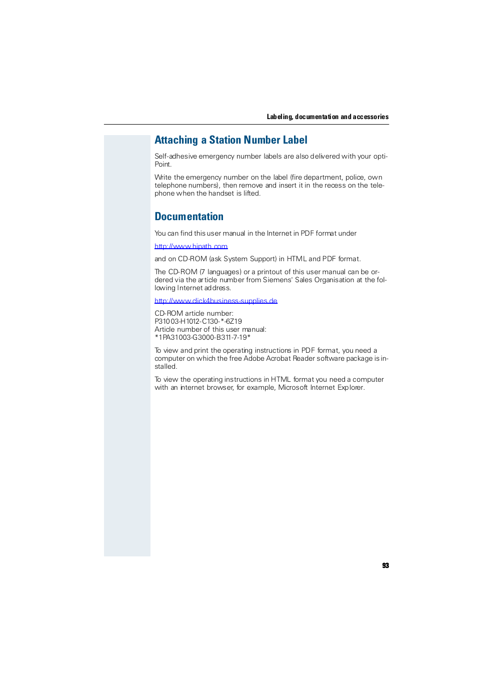 Attaching a station number label, Documentation, Attaching a station number label documentation | Siemens Hicom 300 E User Manual | Page 93 / 106