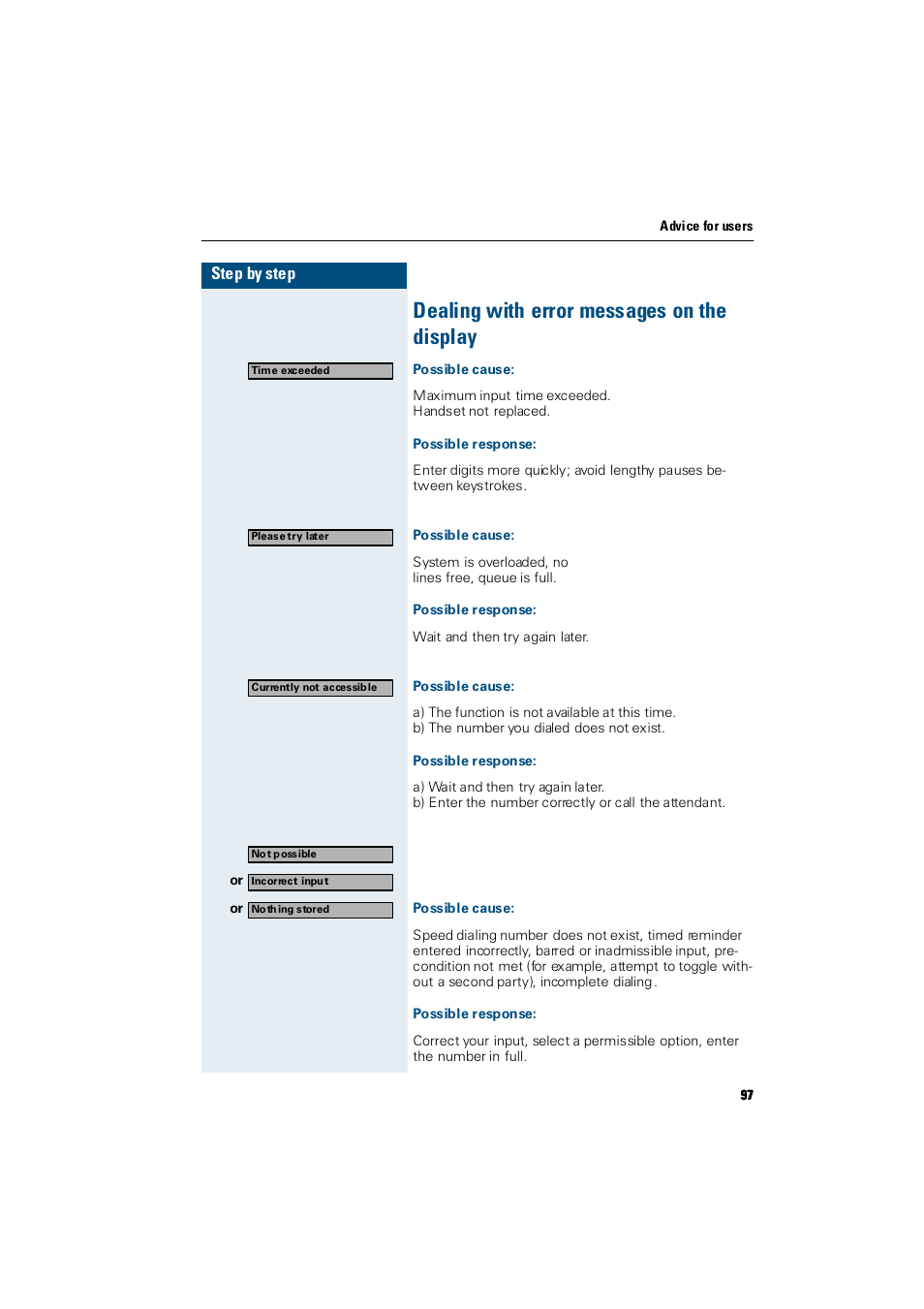 Dealing with error messages on the display, Possible cause, Possible response | Siemens Hicom 300 E User Manual | Page 97 / 106