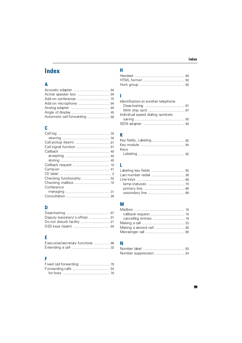 Index | Siemens Hicom 300 E User Manual | Page 99 / 106