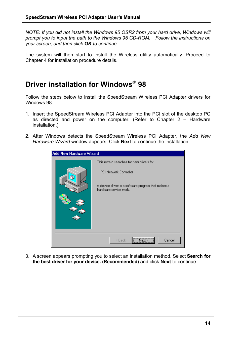 Driver installation for windows( 98, Driver installation for windows | Siemens SS1024 User Manual | Page 14 / 48