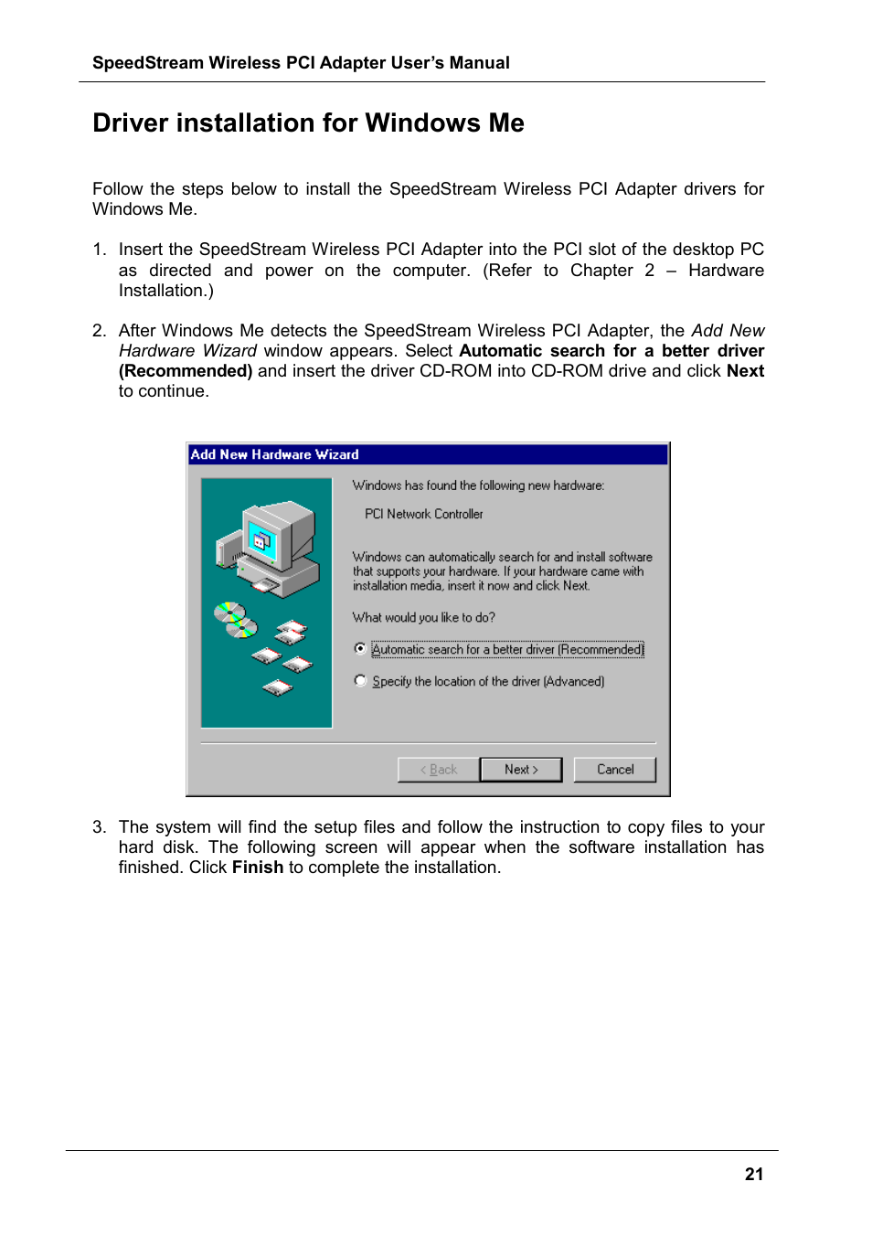 Driver installation for windows me, Driver installation for windows | Siemens SS1024 User Manual | Page 21 / 48