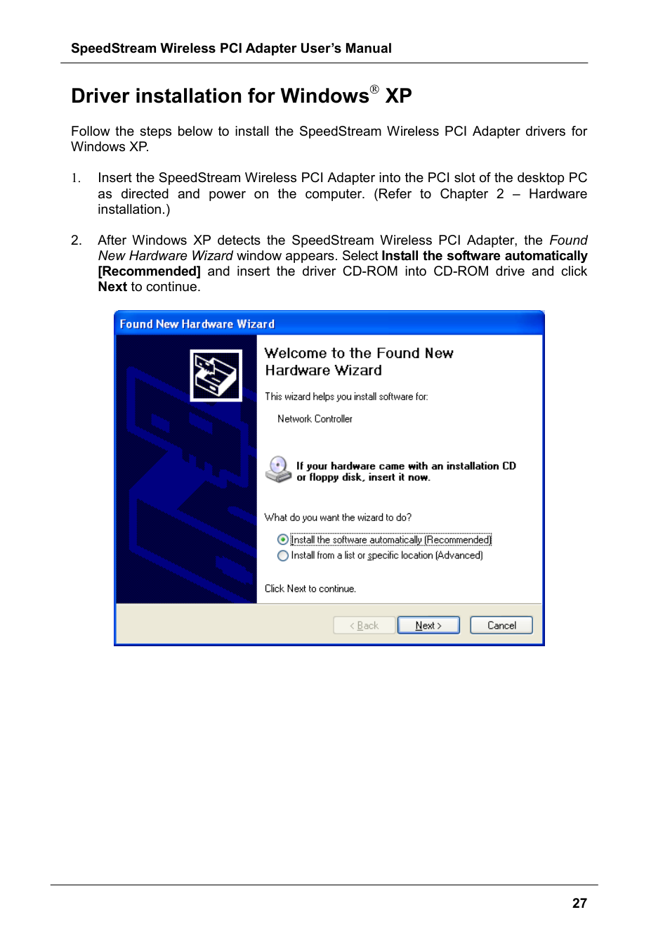 Driver installation for windows( xp, Driver installation for windows | Siemens SS1024 User Manual | Page 27 / 48