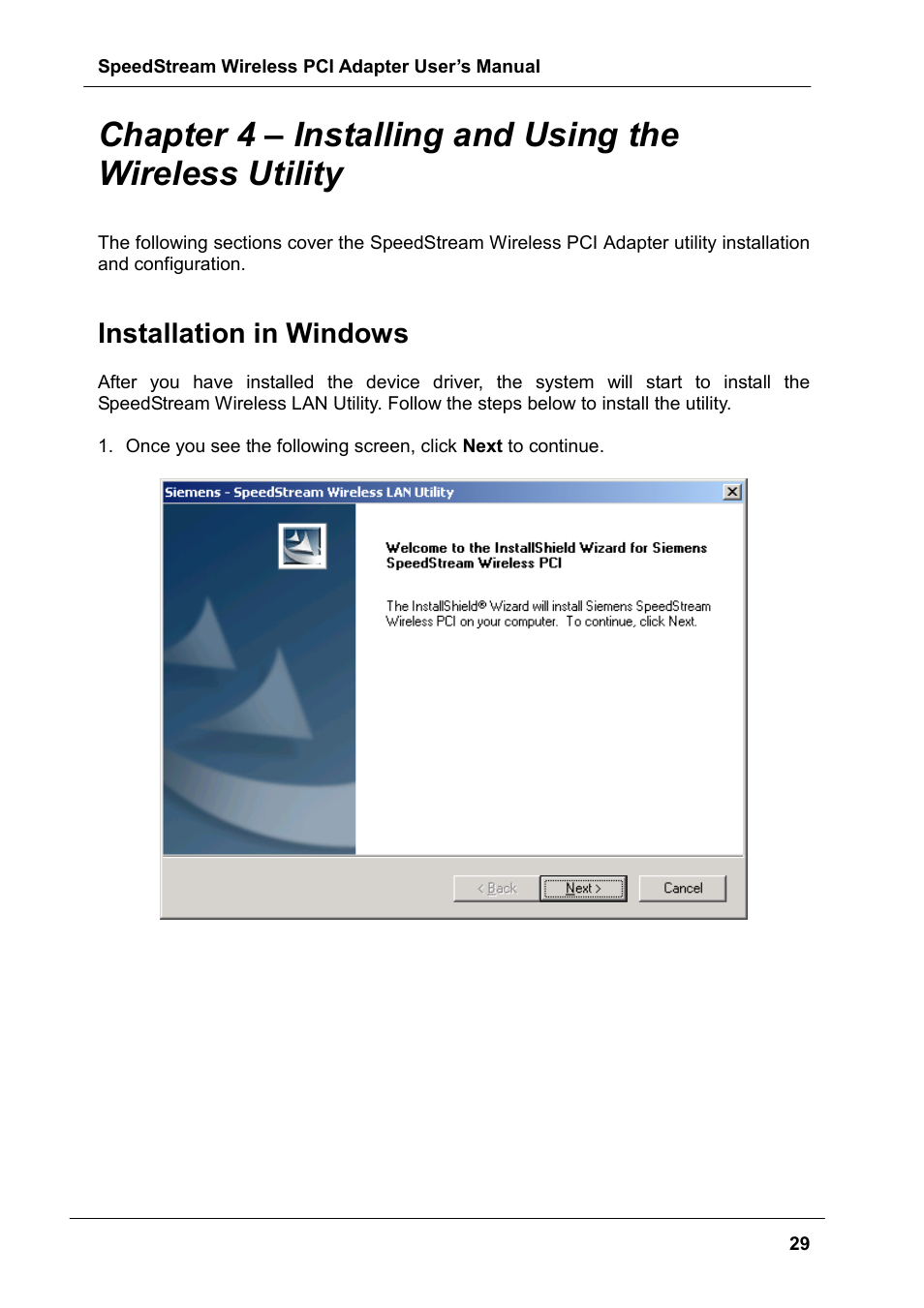 Chapter 4 – installing and using the wireless uti, Installation in windows | Siemens SS1024 User Manual | Page 29 / 48