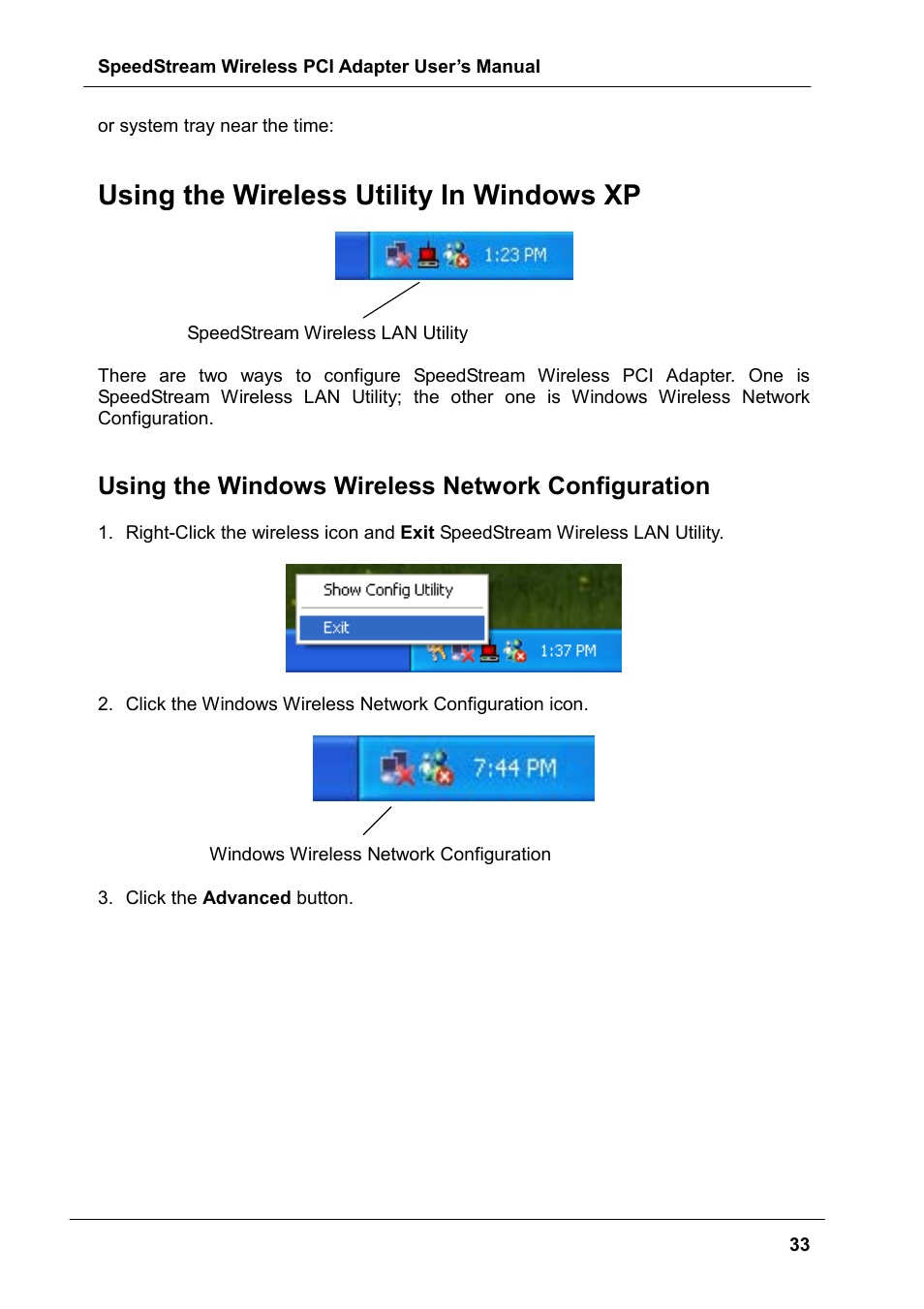 Using the wireless utility in windows xp, Using the windows wireless network configuration, Using wireless utility in windows xp | Use windows wireless network configuration | Siemens SS1024 User Manual | Page 33 / 48