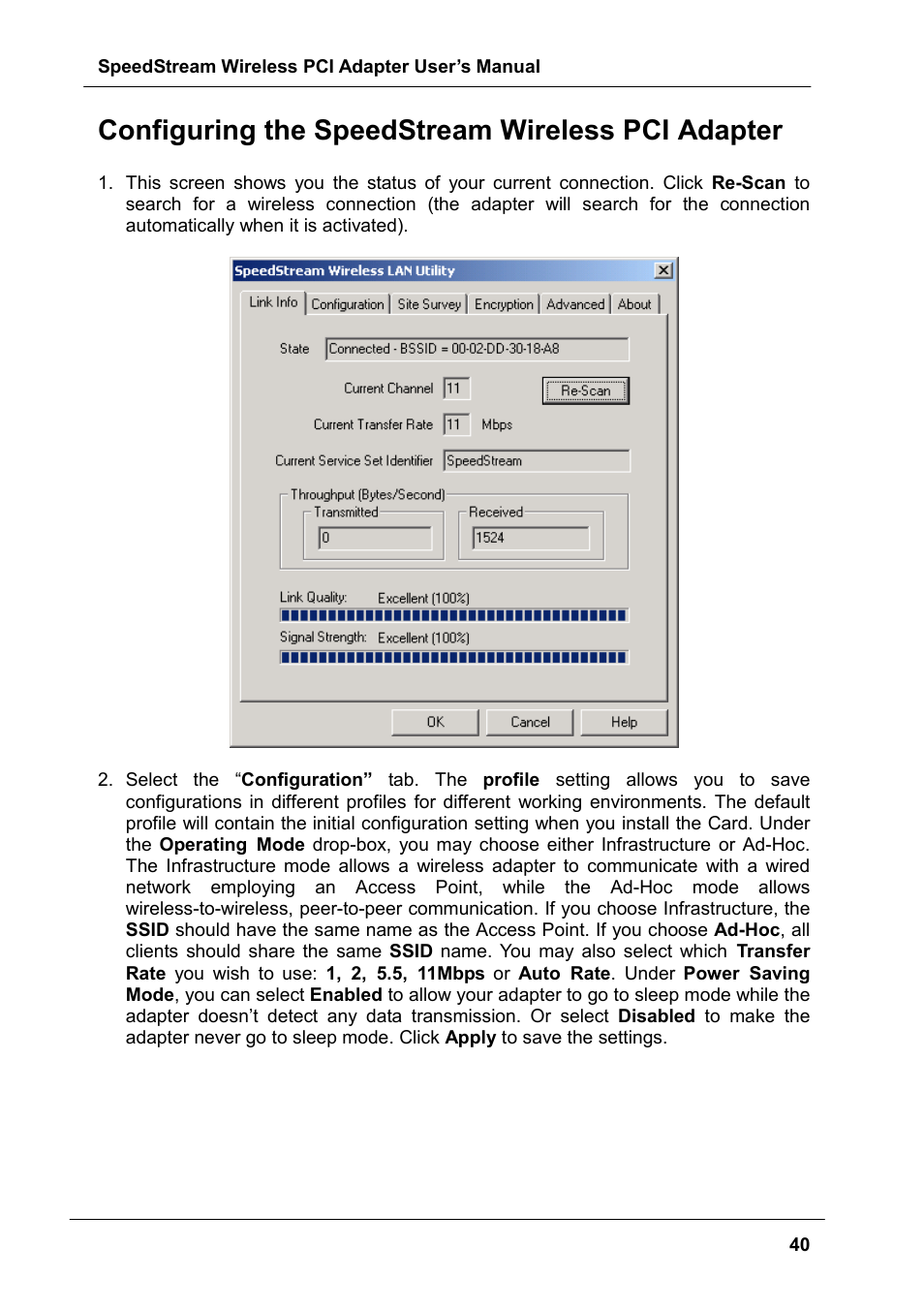 Configuring the speedstream wireless pci adapter | Siemens SS1024 User Manual | Page 40 / 48