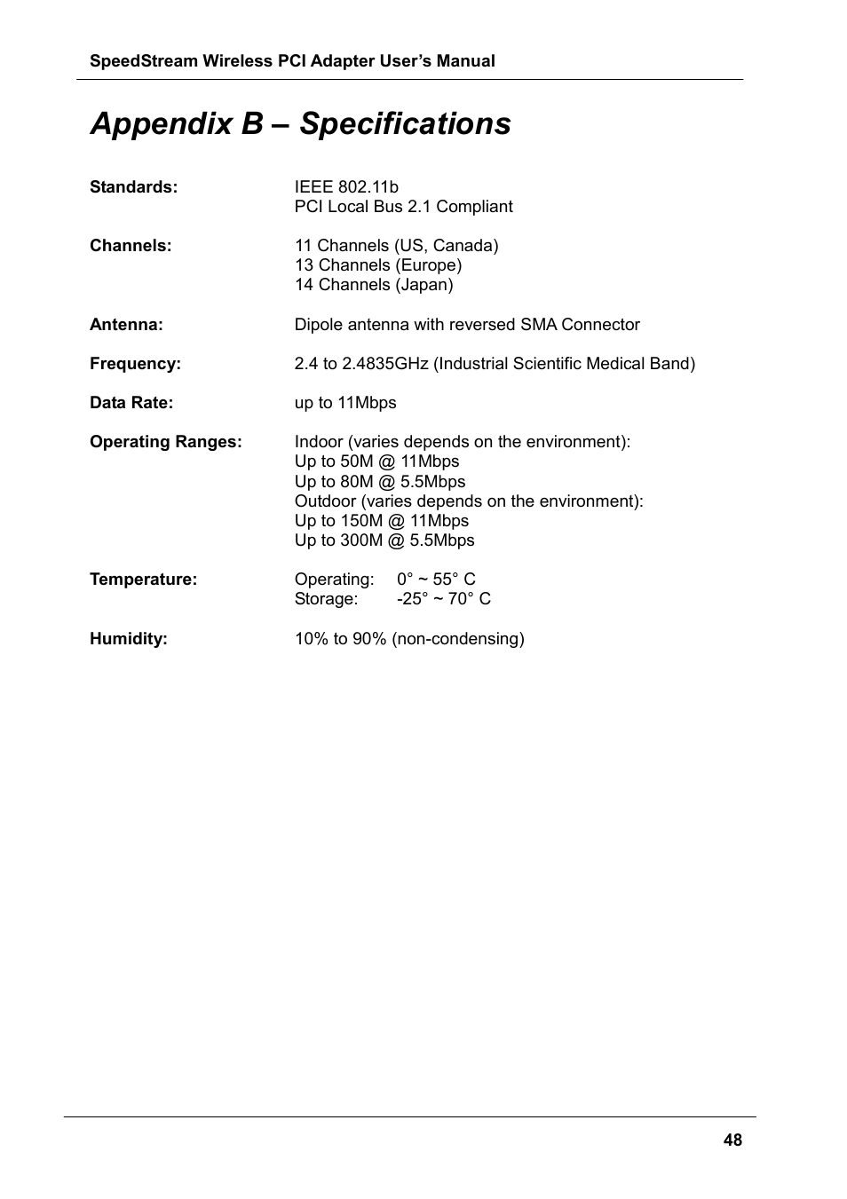 Appendix b – specifications | Siemens SS1024 User Manual | Page 48 / 48