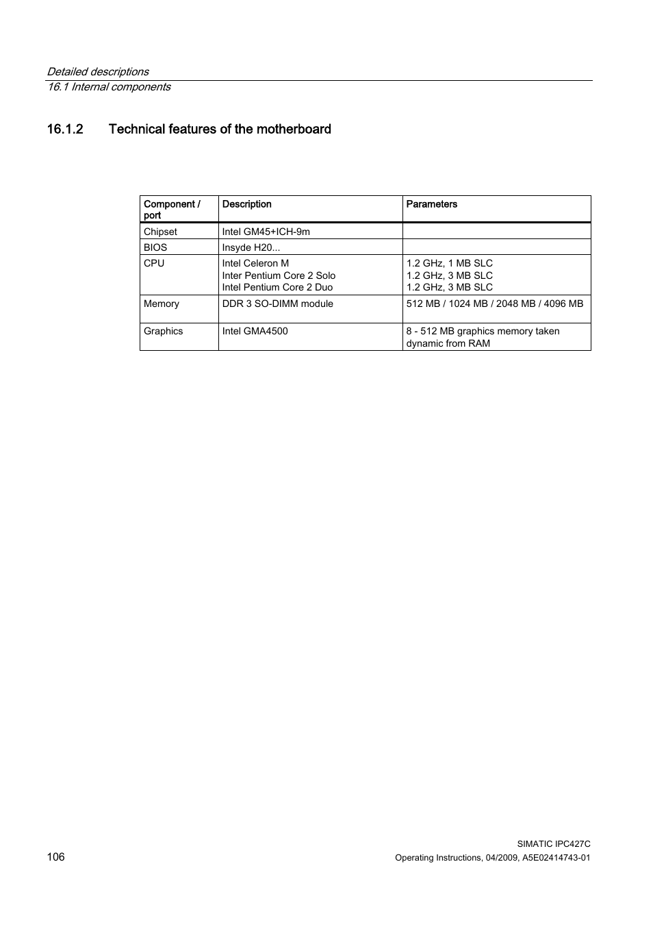 2 technical features of the motherboard | Siemens Simatic Industrial PC IPC427C User Manual | Page 106 / 170