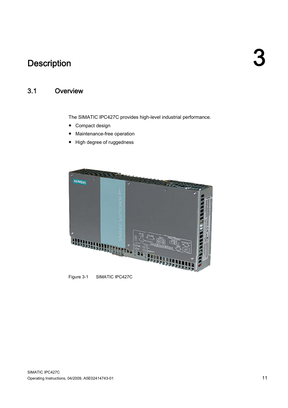 3 description, 1 overview, Description | Siemens Simatic Industrial PC IPC427C User Manual | Page 11 / 170
