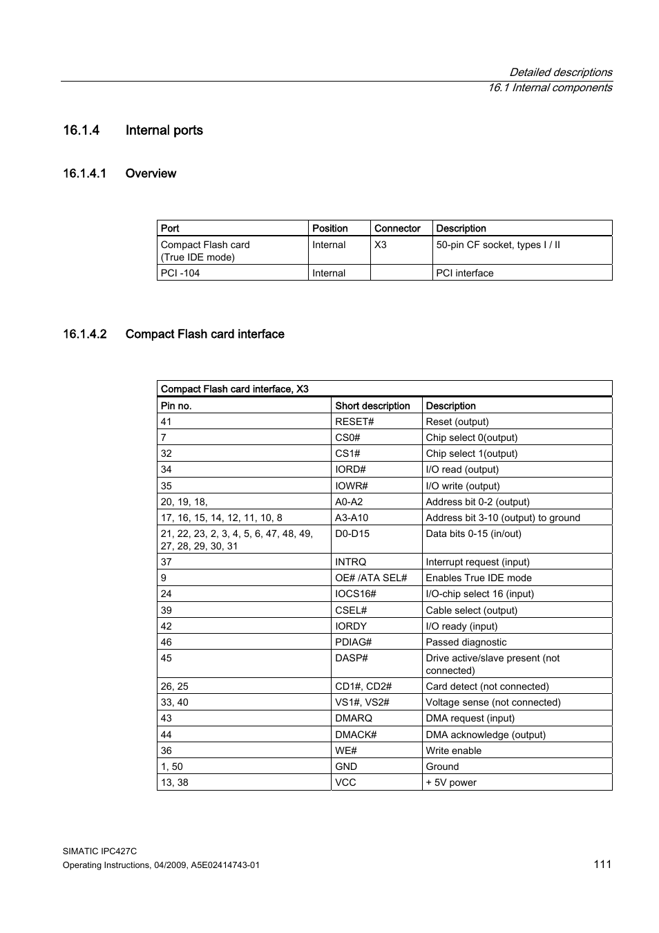 4 internal ports, 1 overview, 2 compact flash card interface | Siemens Simatic Industrial PC IPC427C User Manual | Page 111 / 170