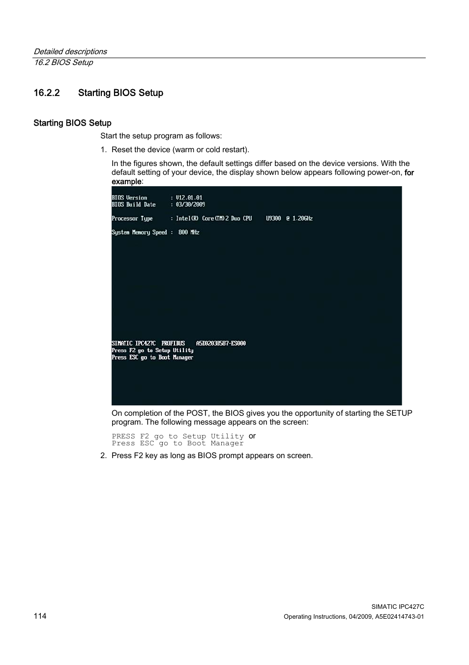 2 starting bios setup | Siemens Simatic Industrial PC IPC427C User Manual | Page 114 / 170