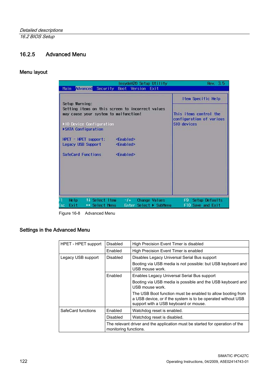 5 advanced menu | Siemens Simatic Industrial PC IPC427C User Manual | Page 122 / 170