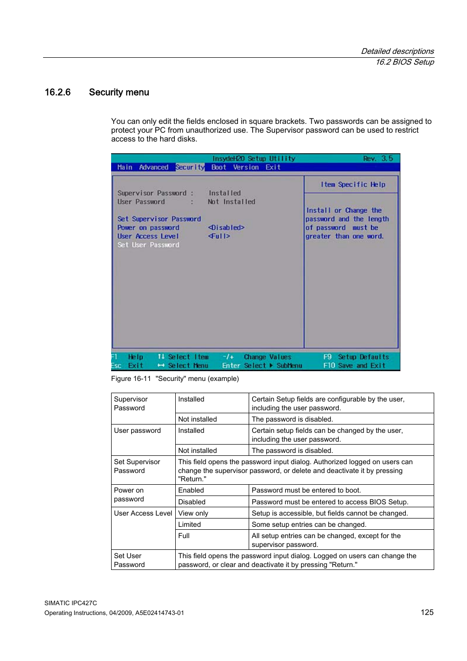 6 security menu | Siemens Simatic Industrial PC IPC427C User Manual | Page 125 / 170