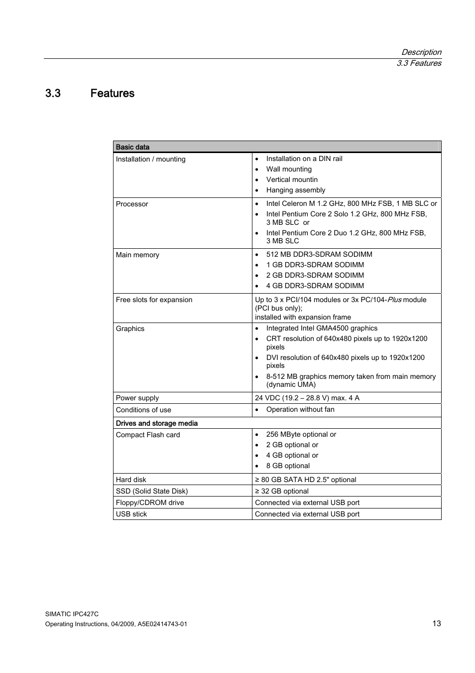 3 features | Siemens Simatic Industrial PC IPC427C User Manual | Page 13 / 170