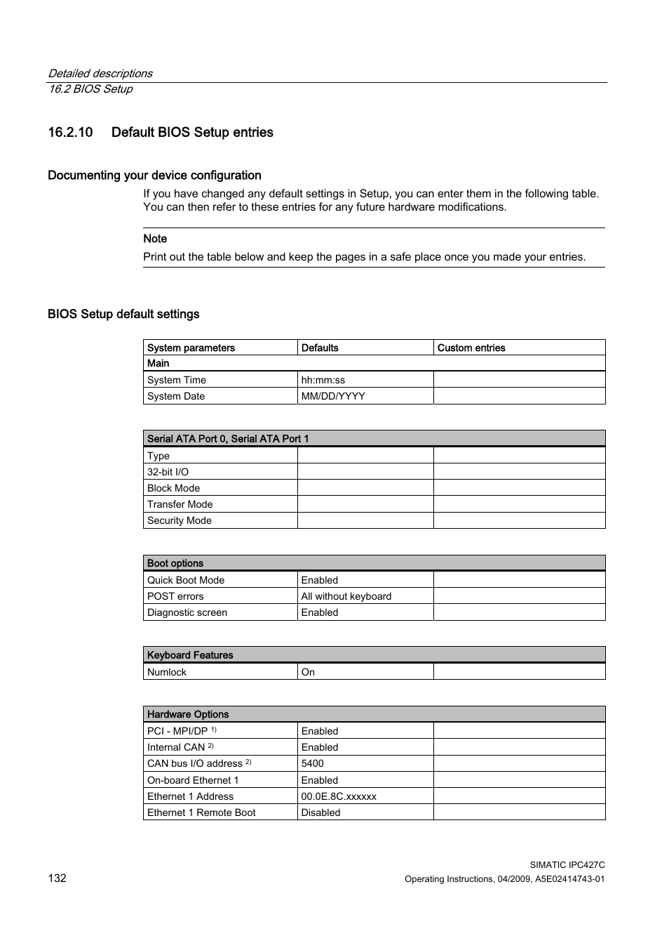 10 default bios setup entries | Siemens Simatic Industrial PC IPC427C User Manual | Page 132 / 170