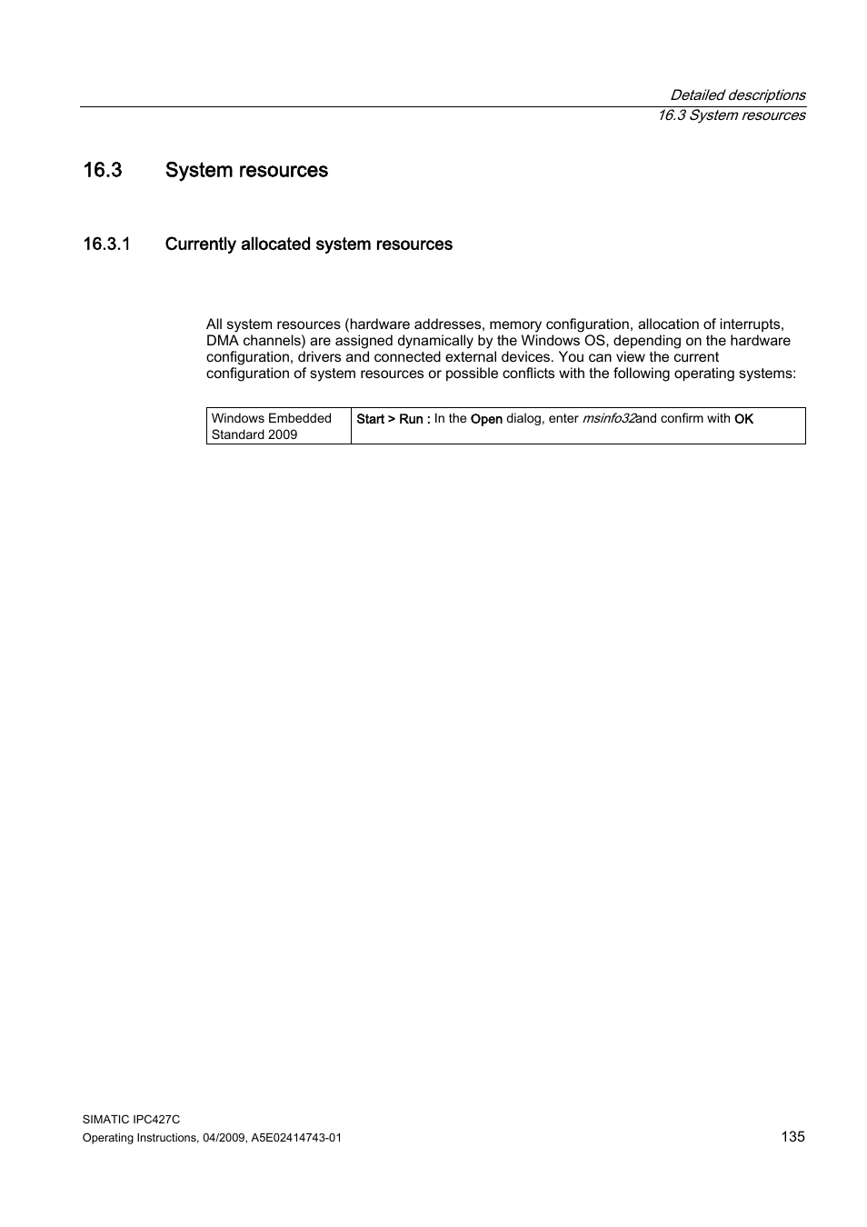 3 system resources, 1 currently allocated system resources | Siemens Simatic Industrial PC IPC427C User Manual | Page 135 / 170