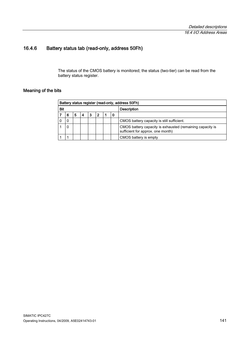 6 battery status tab (read-only, address 50fh) | Siemens Simatic Industrial PC IPC427C User Manual | Page 141 / 170