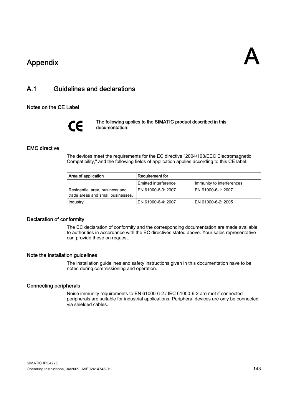 A appendix, A.1 guidelines and declarations, Appendix | Siemens Simatic Industrial PC IPC427C User Manual | Page 143 / 170