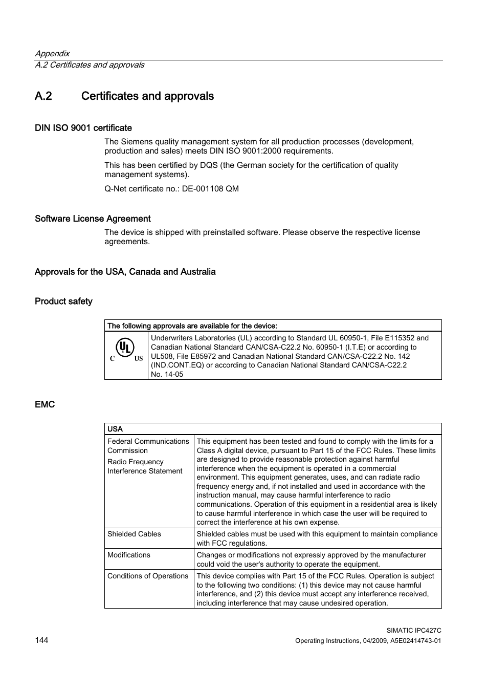 A.2 certificates and approvals | Siemens Simatic Industrial PC IPC427C User Manual | Page 144 / 170