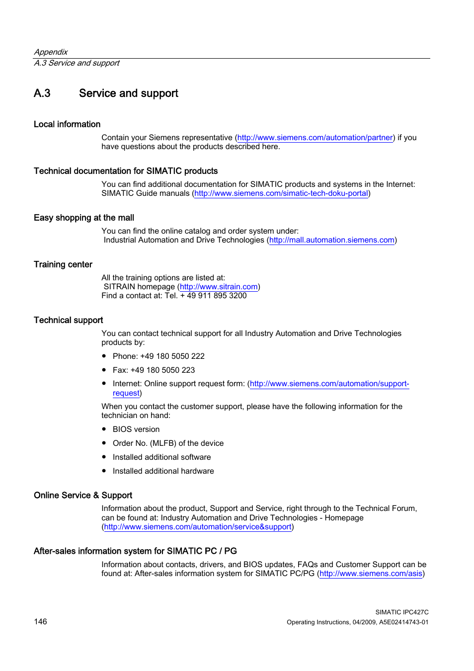 A.3 service and support | Siemens Simatic Industrial PC IPC427C User Manual | Page 146 / 170