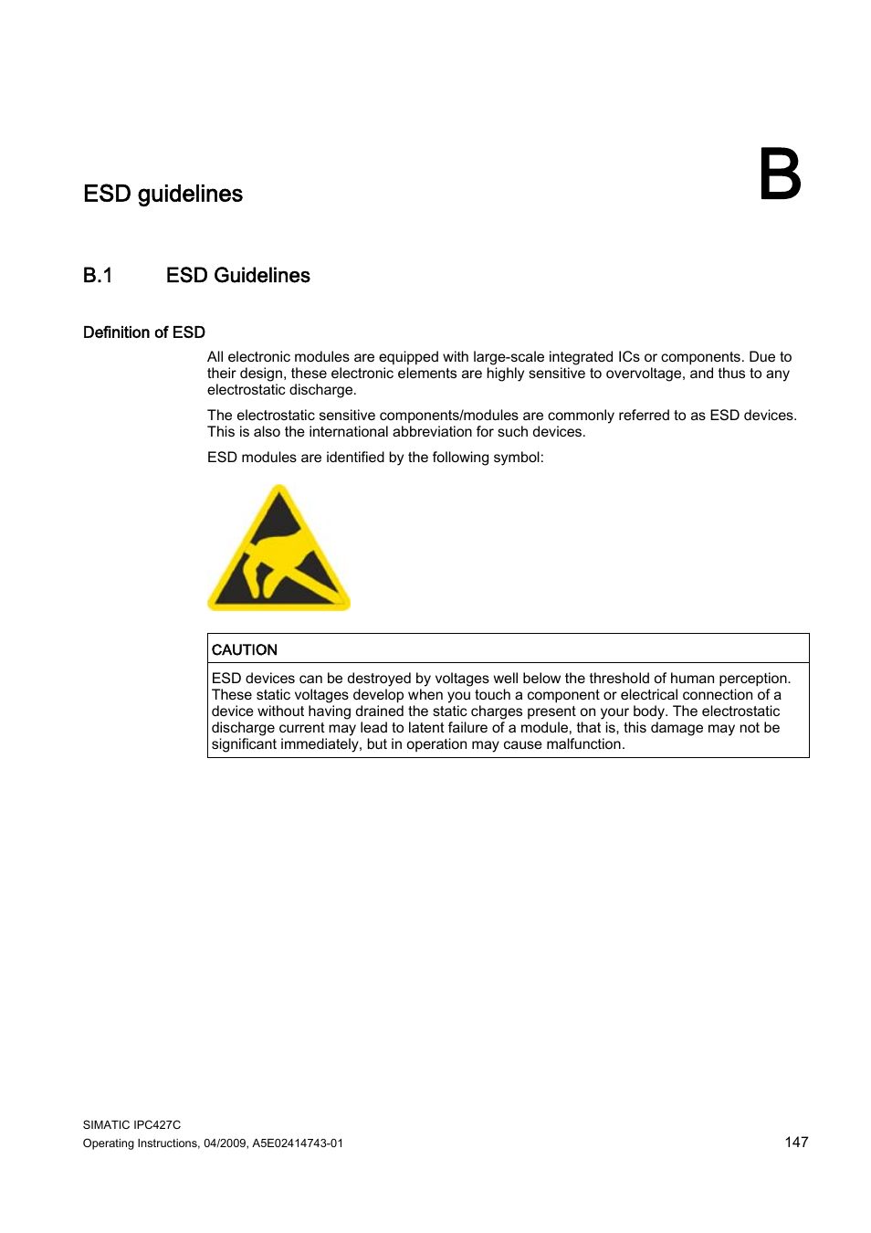 B esd guidelines, Esd guidelines | Siemens Simatic Industrial PC IPC427C User Manual | Page 147 / 170