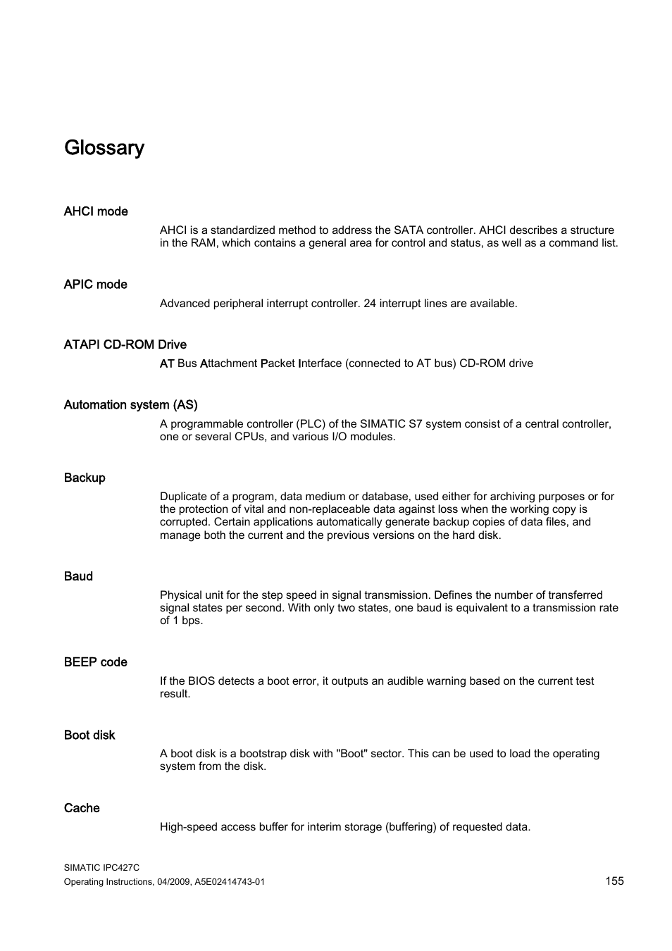 Glossary | Siemens Simatic Industrial PC IPC427C User Manual | Page 155 / 170