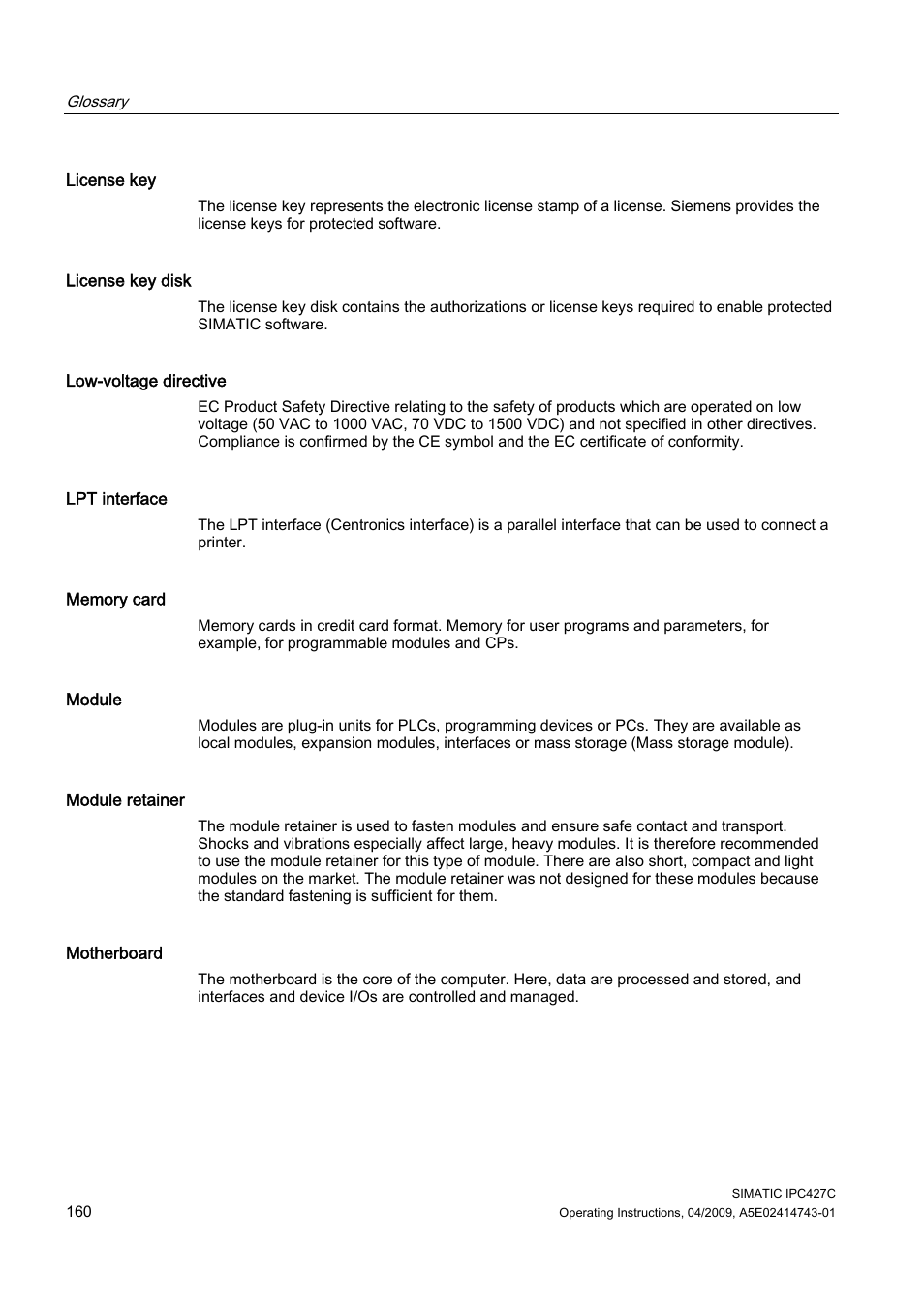 Siemens Simatic Industrial PC IPC427C User Manual | Page 160 / 170