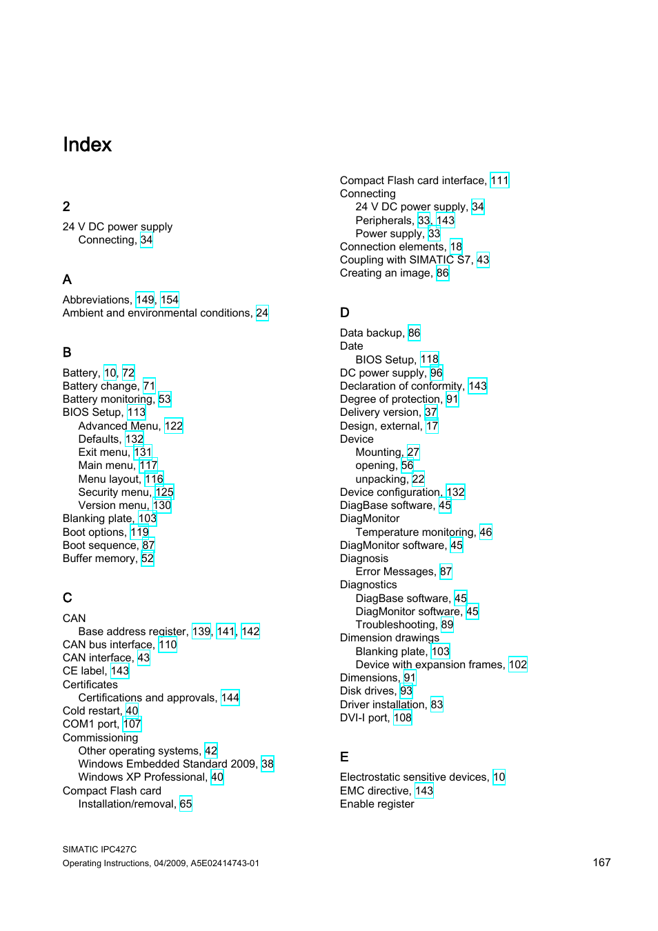 Index | Siemens Simatic Industrial PC IPC427C User Manual | Page 167 / 170