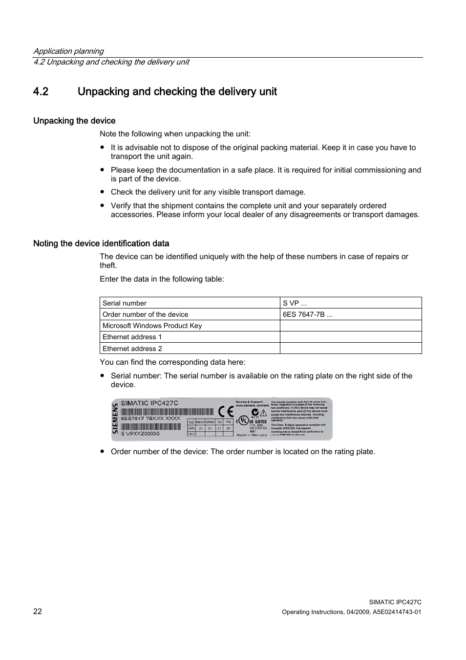 2 unpacking and checking the delivery unit | Siemens Simatic Industrial PC IPC427C User Manual | Page 22 / 170