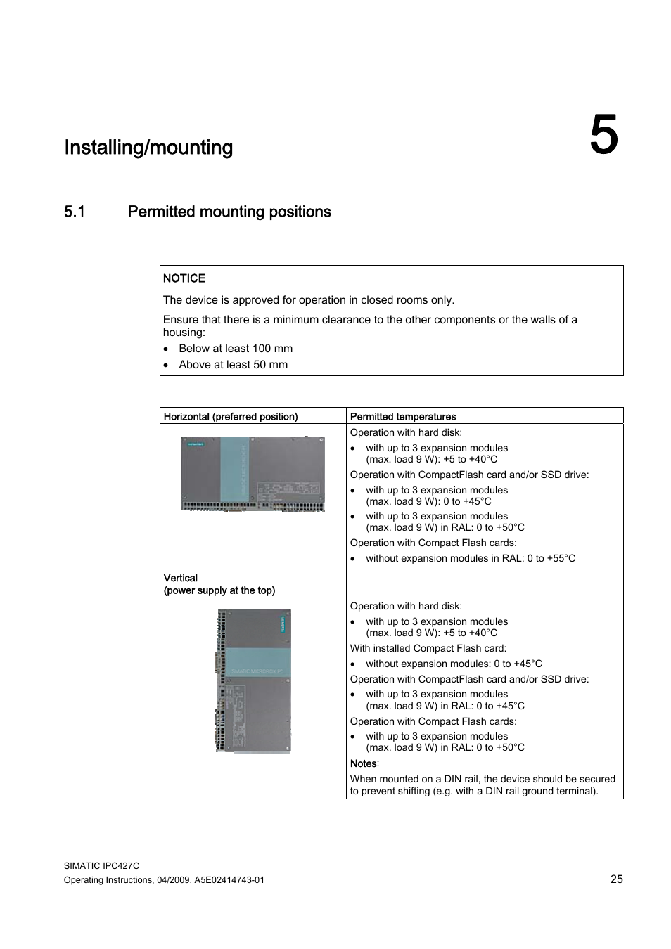 5 installing/mounting, 1 permitted mounting positions, Installing/mounting | Siemens Simatic Industrial PC IPC427C User Manual | Page 25 / 170