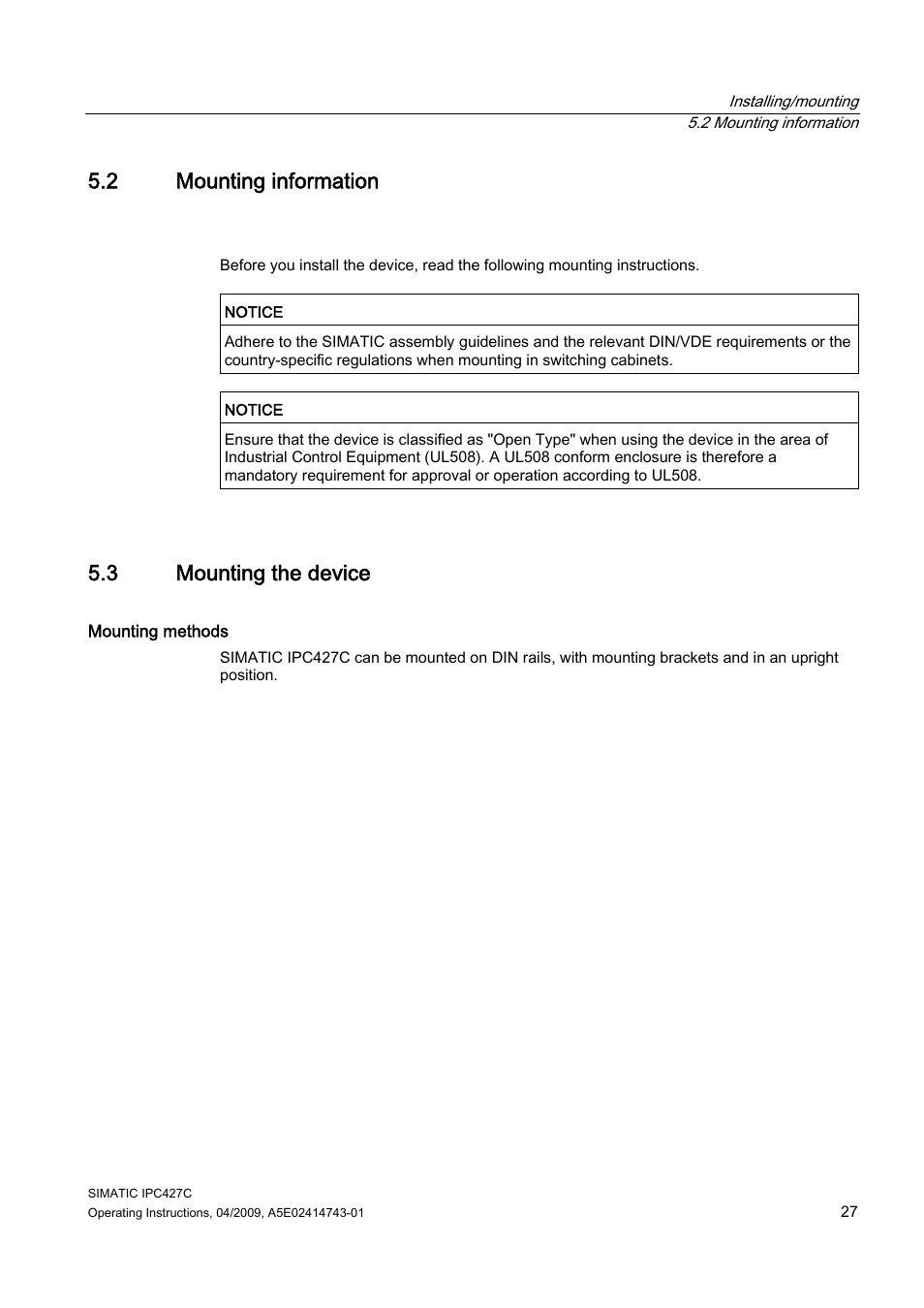 2 mounting information, 3 mounting the device | Siemens Simatic Industrial PC IPC427C User Manual | Page 27 / 170