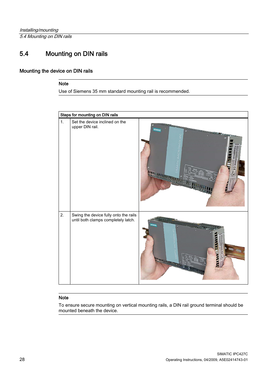 4 mounting on din rails | Siemens Simatic Industrial PC IPC427C User Manual | Page 28 / 170