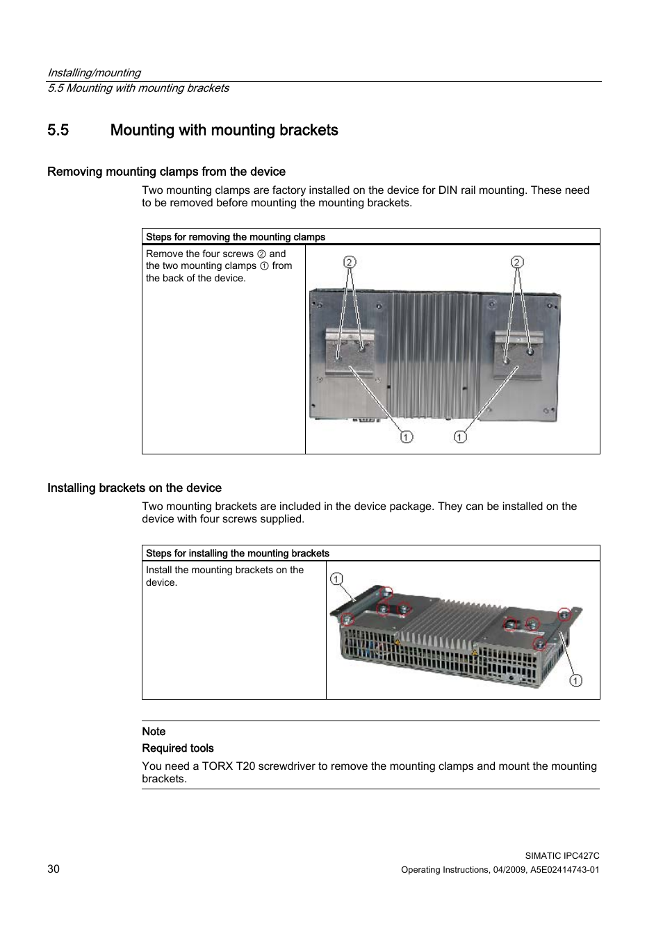 5 mounting with mounting brackets | Siemens Simatic Industrial PC IPC427C User Manual | Page 30 / 170