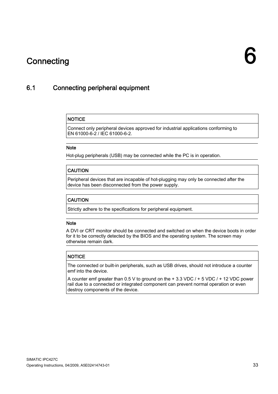 6 connecting, 1 connecting peripheral equipment, Connecting | Siemens Simatic Industrial PC IPC427C User Manual | Page 33 / 170