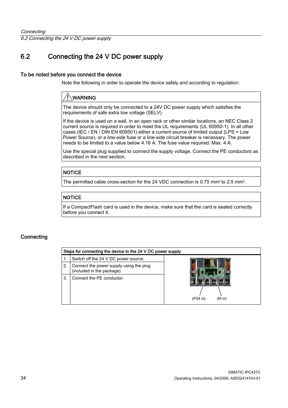 2 connecting the 24 v dc power supply | Siemens Simatic Industrial PC IPC427C User Manual | Page 34 / 170