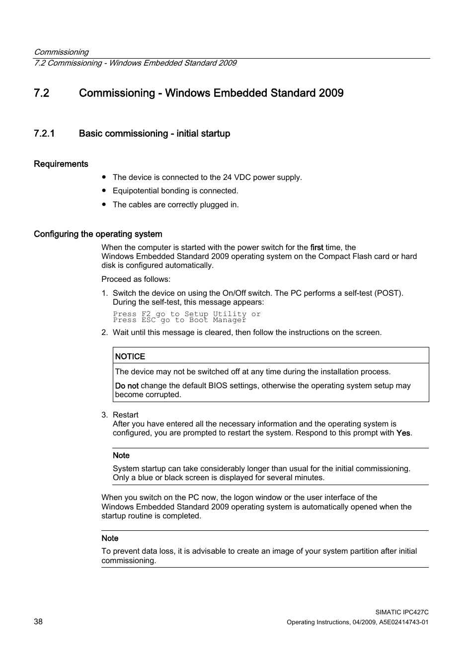 2 commissioning - windows embedded standard 2009, 1 basic commissioning - initial startup | Siemens Simatic Industrial PC IPC427C User Manual | Page 38 / 170
