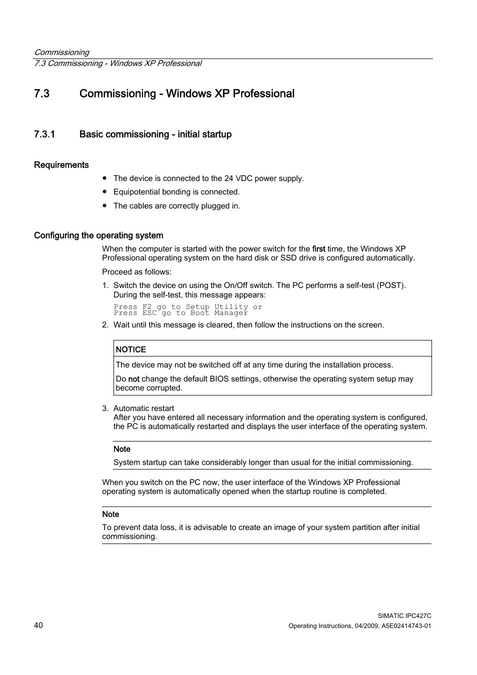 3 commissioning - windows xp professional, 1 basic commissioning - initial startup | Siemens Simatic Industrial PC IPC427C User Manual | Page 40 / 170
