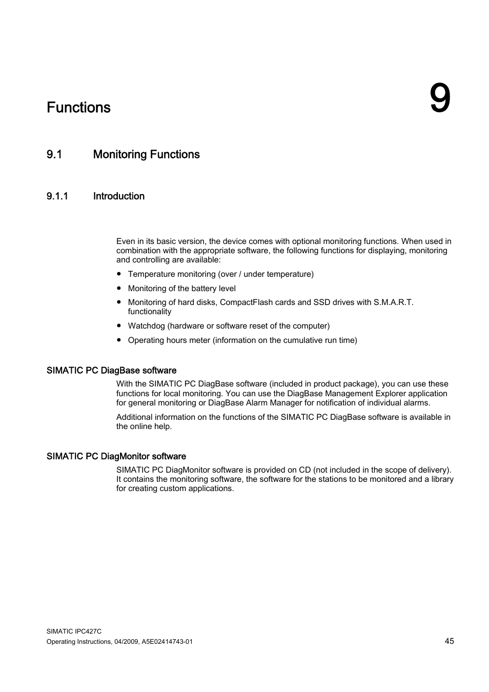 9 functions, 1 monitoring functions, 1 introduction | Functions | Siemens Simatic Industrial PC IPC427C User Manual | Page 45 / 170