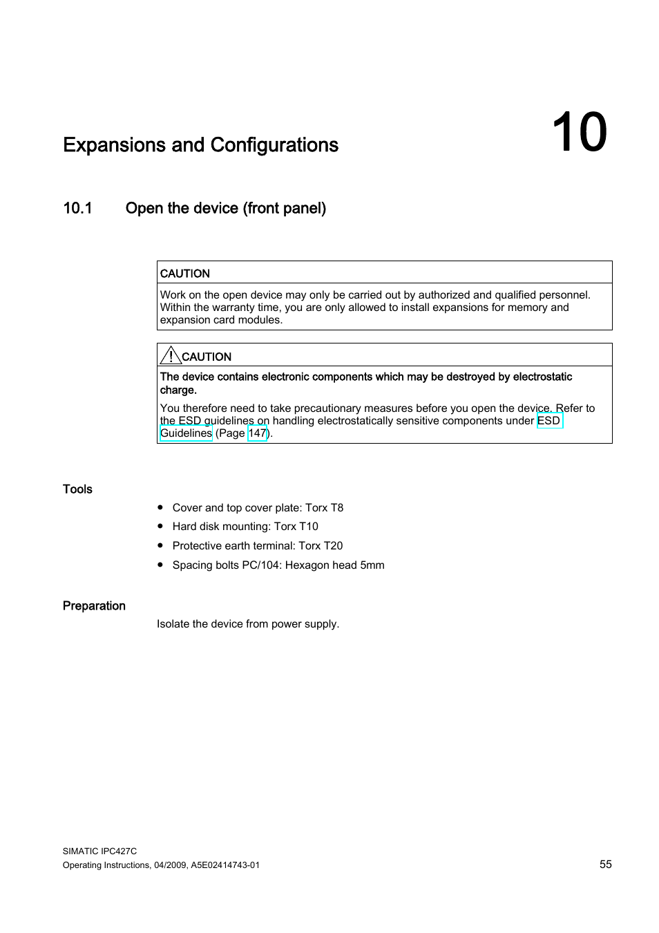 10 expansions and configurations, 1 open the device (front panel), Expansions and | Configurations, Expansions and configurations | Siemens Simatic Industrial PC IPC427C User Manual | Page 55 / 170