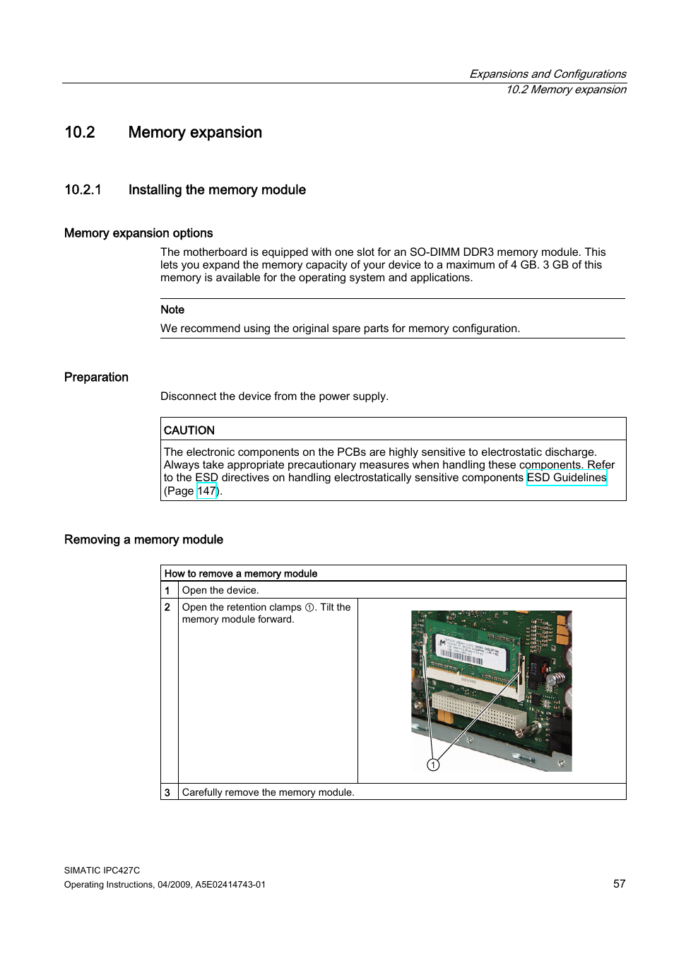 2 memory expansion, 1 installing the memory module | Siemens Simatic Industrial PC IPC427C User Manual | Page 57 / 170