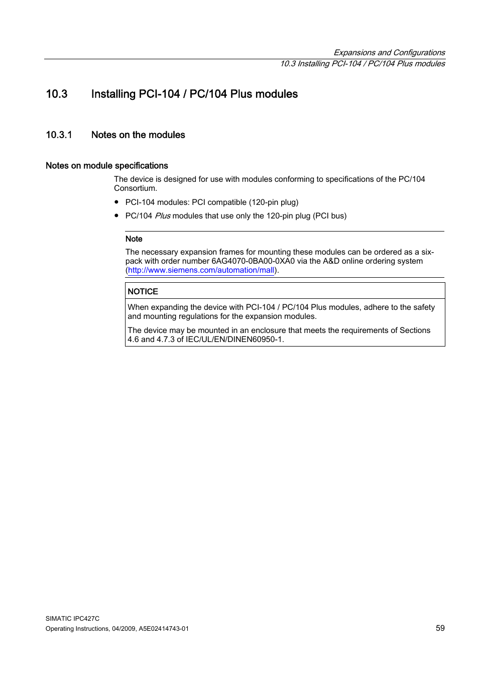 3 installing pci-104 / pc/104 plus modules, 1 notes on the modules | Siemens Simatic Industrial PC IPC427C User Manual | Page 59 / 170