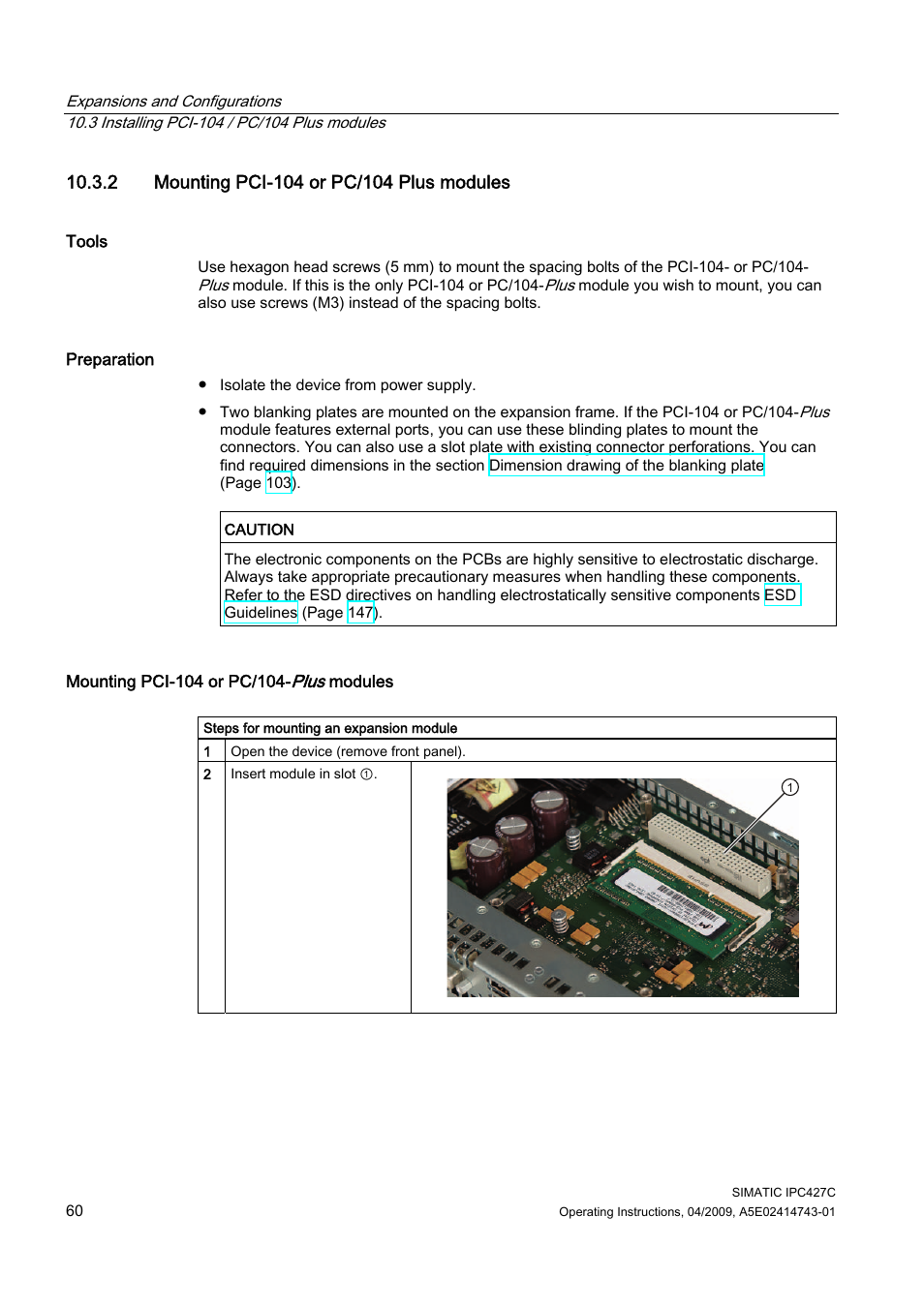 2 mounting pci-104 or pc/104 plus modules | Siemens Simatic Industrial PC IPC427C User Manual | Page 60 / 170