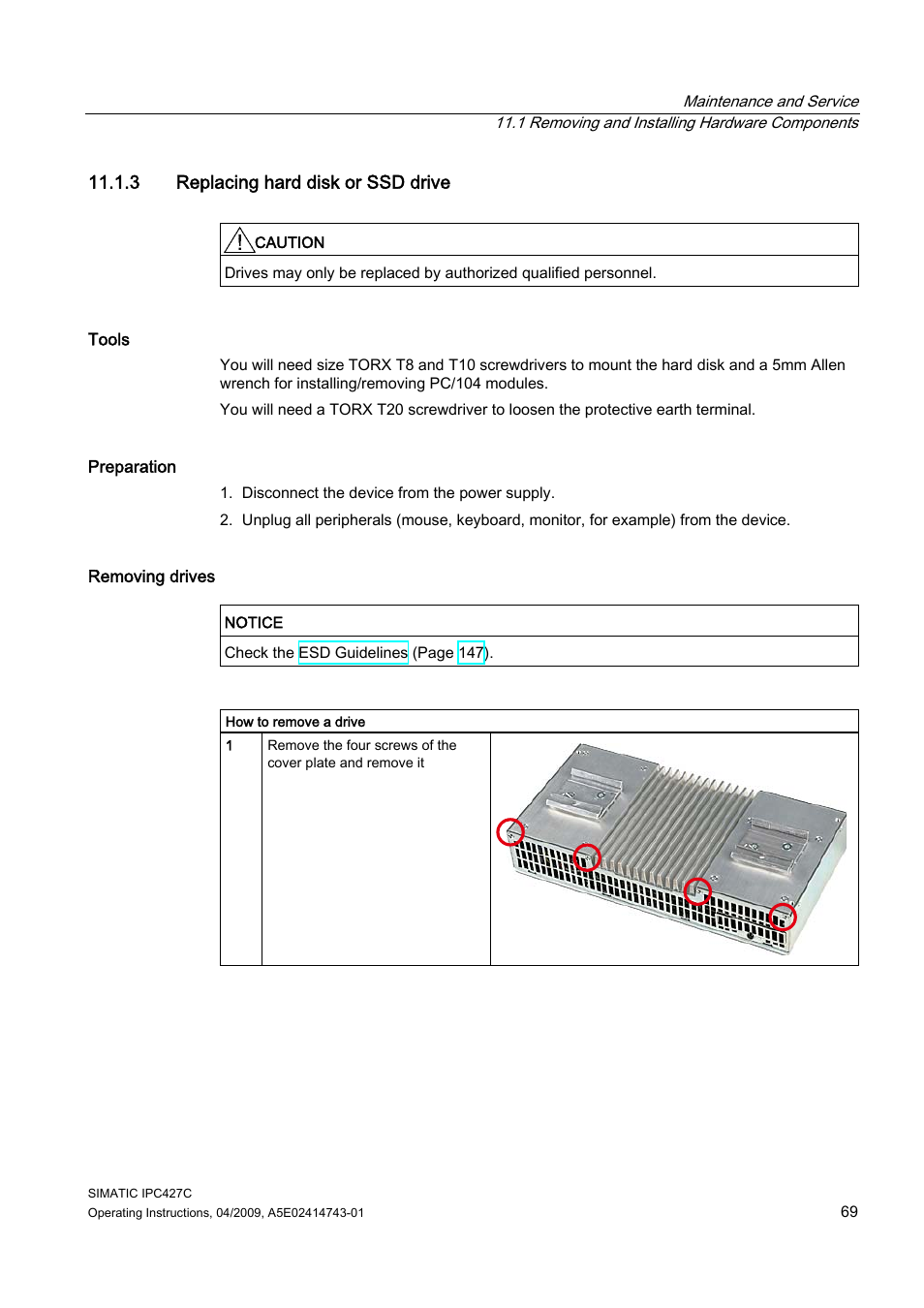 3 replacing hard disk or ssd drive | Siemens Simatic Industrial PC IPC427C User Manual | Page 69 / 170