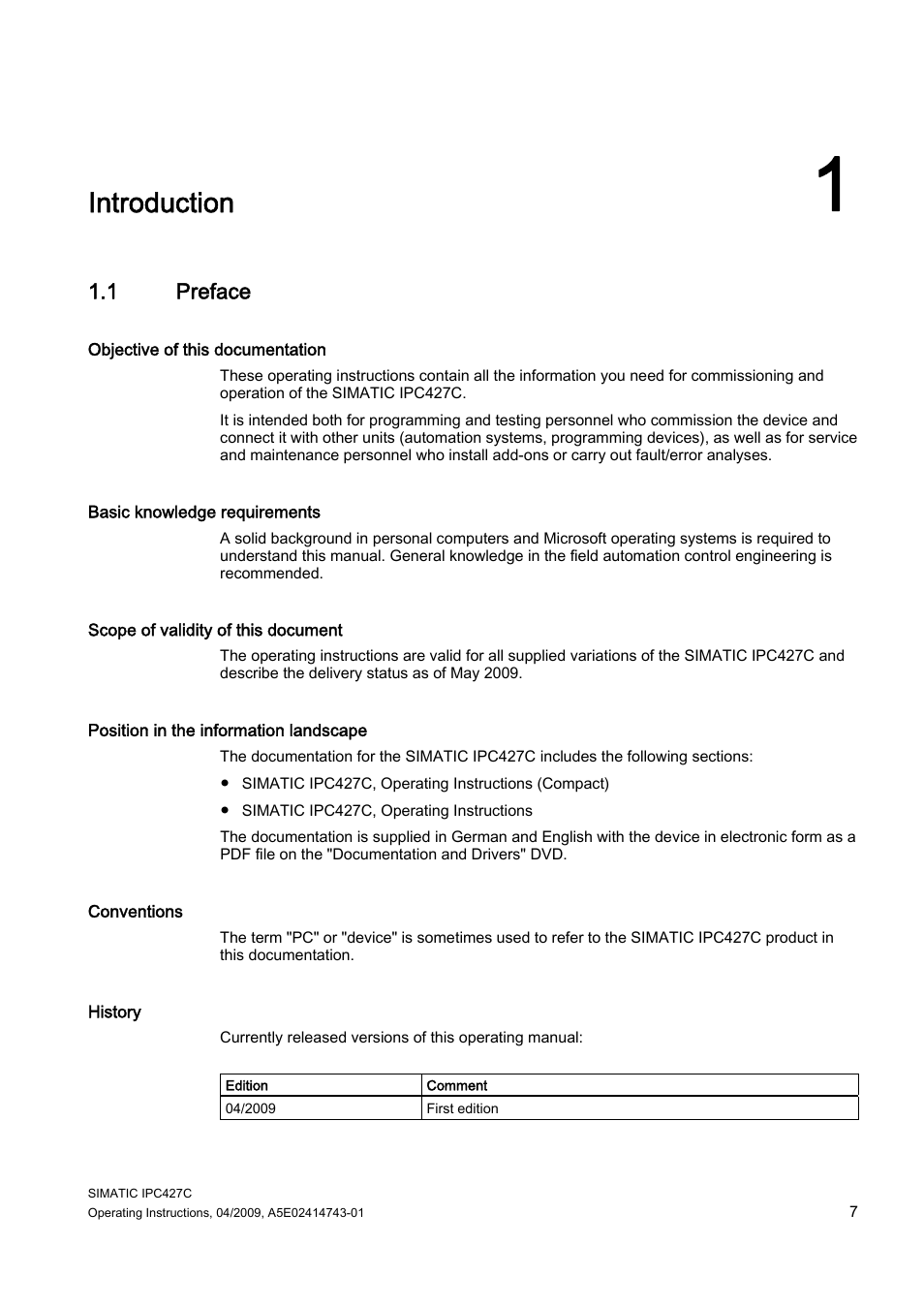 1 introduction, 1 preface, Introduction | Siemens Simatic Industrial PC IPC427C User Manual | Page 7 / 170