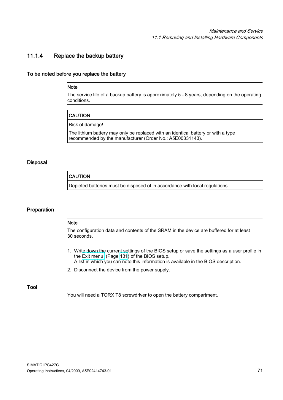 4 replace the backup battery | Siemens Simatic Industrial PC IPC427C User Manual | Page 71 / 170